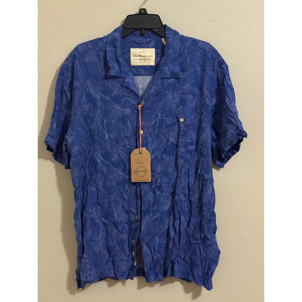 Weatherproof Vintage Shirt XL Mens Blue Palm Leaf Hawaiian NWT French Navy